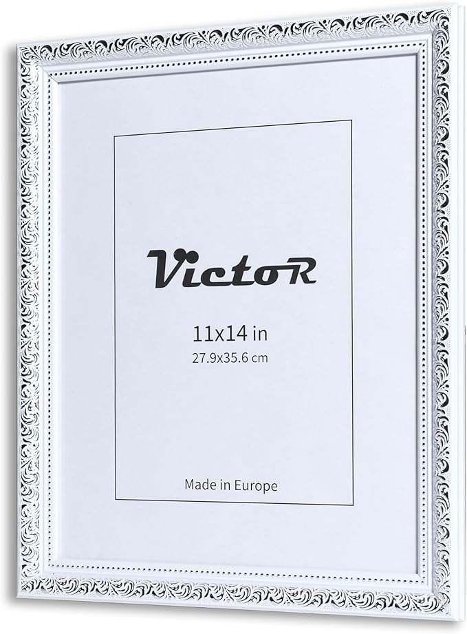 VictoR 11x14 Picture Frame Rubens White Silver - Picture Frames 11x14 - with Shutterproof Acrylic Glass - Antique - White 11 by 14 - only for hanging