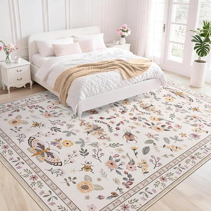 Rug for Living Room 8x10, Washable Area Rugs for Bedroom, Soft Thin Non Slip Indoor Low Pile Carpet for Dining Room, Large Throw Floral Butterfly Carpets for Office Nursery Home Decor, Beige