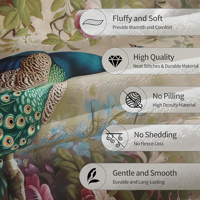 Peacock Blanket - Soft, Cozy, Lightweight Flannel Throw Blankets for Couch, Bed, and Travel - Fuzzy, Fluffy Decor Perfect for Outdoor Use and Home Decor, for Adults Women Girls 50×40 in