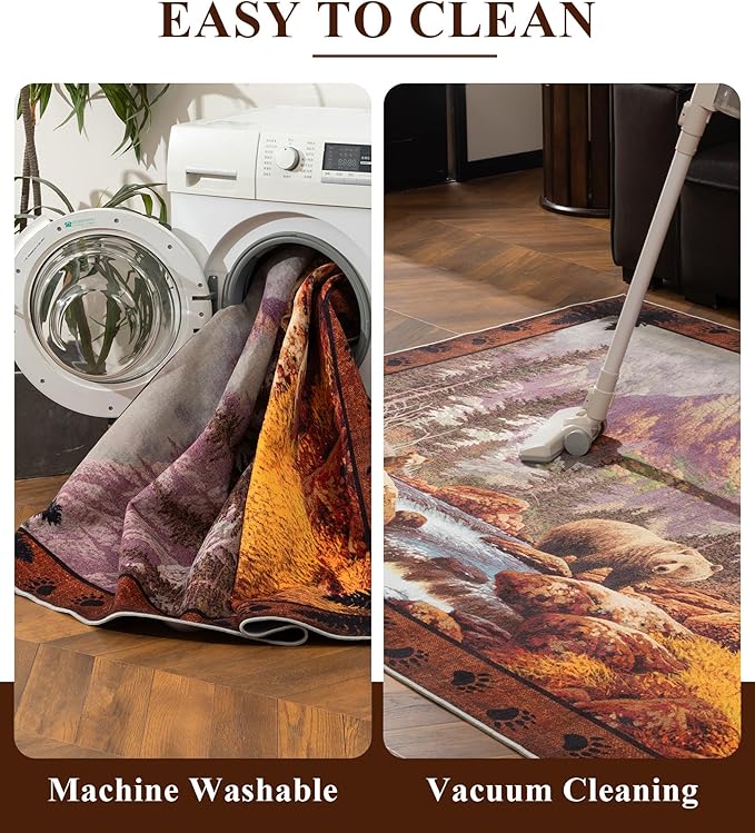 YIHOUSE Rustic Cabin Area Rug for Bedroom 5x7,Machine Washable Woodland Bear Rug,Non-Slip Low Pile Print Pattern Mountain Rug for Living Room
