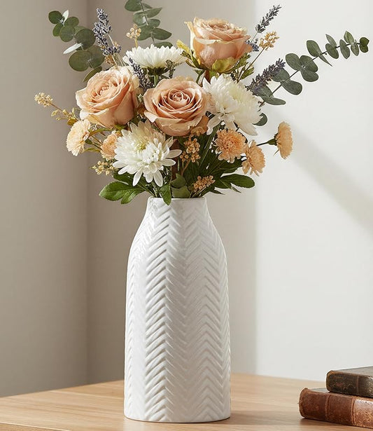 hjn White Vase for Flowers Ceramic Vase for Decor, Modern Decorative Tall Vases for Your Kitchen/Office/Living Room/Bookshelf/Mantel - White Texture(Medium