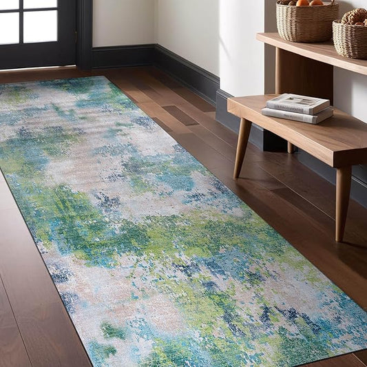 Non Slip Rugs 2x7 Modern Abstract Easy Silk Rubber Backing Soft Runner Rug for Hallways Easy to Clean Non Shedding Kitchen for Laundry Room Indoor Area Carpet (Teal - Green, 2x7)