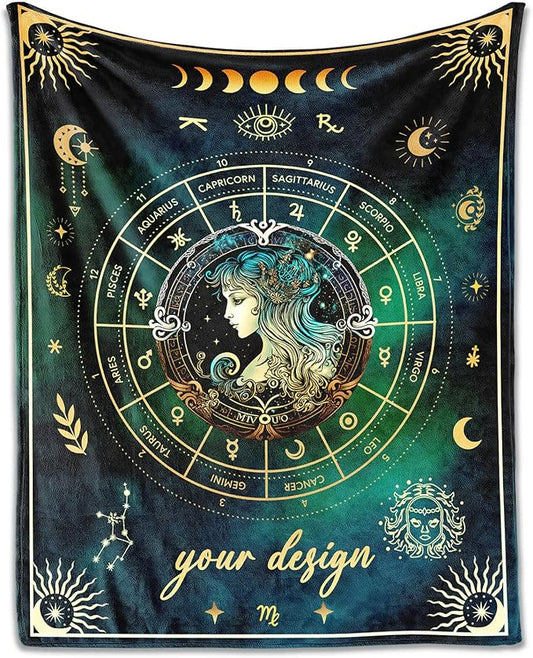 Custom Virgo Blanket Gifts, 50" x 40" Rectangular Flannel Zodiac Throw Blanket Cozy, Personalized Gift for Boys Girls Teen Women Men Tarot Cards Lovers Birthday Anniversary Festival