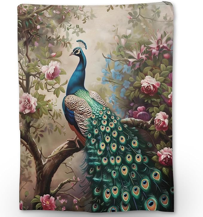 Peacock Blanket - Soft, Cozy, Lightweight Flannel Throw Blankets for Couch, Bed, and Travel - Fuzzy, Fluffy Decor Perfect for Outdoor Use and Home Decor, for Adults Women Girls 80×60 in