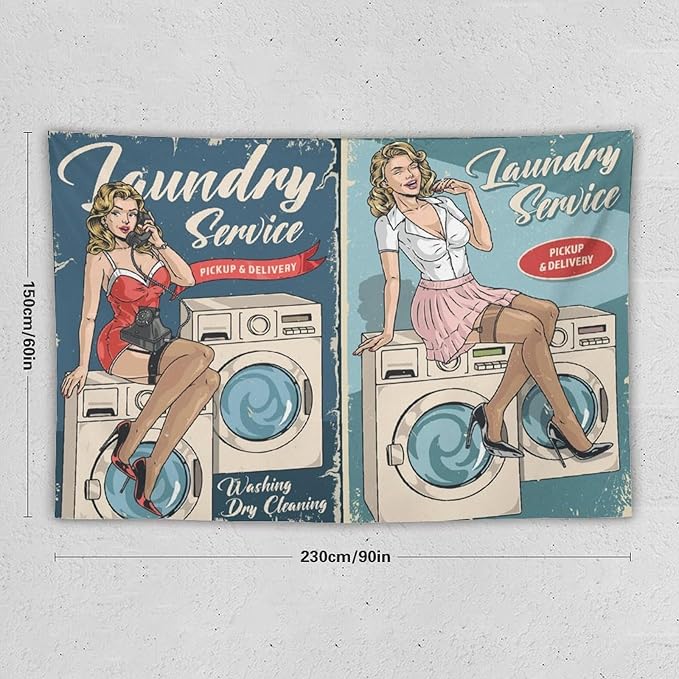 ZhiRain Laundry Service Tapestry Wall Hanging Vintage Laundry Room Poster Tapestries Home Decor for Living Room Bedroom Farmhouse Apartment Dorm 60"x90"