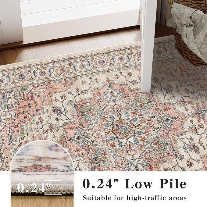 2x6 Vintage Runner Rug Low Pile Runners Non-Slip Machine Washable Rug Retro Distressed Print Lightweight Carpet for Hallway Kitchen Living Room Bedroom Laundry Room