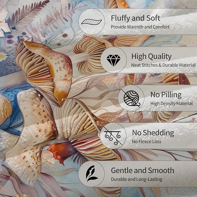 Watercolor Mushroom Blanket - Soft, Cozy, Lightweight Flannel Throw Blankets for Couch, Bed, Travel, Fluffy Decor Perfect for Outdoor Use and Home Decor, for Adults Women Boys Girls 50×40 in