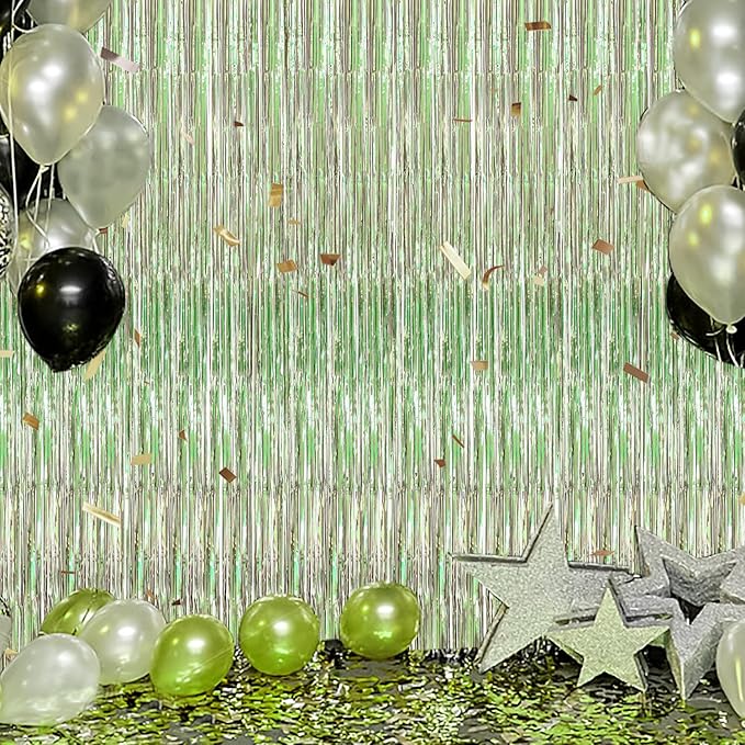 3 Pack Foil Fringe Backdrop - Light Green Shiny Tinsel Curtains for Party Decoration/Photo Booth Props - 3.3x8.2 FT Metallic Foil Backdrop for Birthday, Wedding, Graduation, Christmas