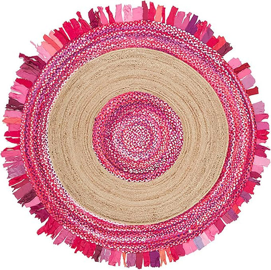 10' Round Natural Pink Jute Chindi Cotton Jute Area Round Rug, Rustic Vintage Round Braided Multicolor Rug, Eco & Pet Friendly Home Decorative Ideal for High Traffic Areas Customizable Farmhouse Décor