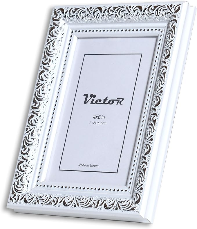 VictoR 4x6 Picture Frame Rubens White Silver - Picture Frames 4x6 - with Shutterproof Acrylic Glass - Antique - White 4 by 6