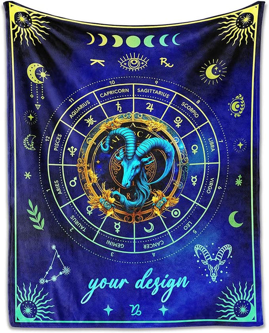 Custom Capricorn Blanket Gifts, 60" x 50" Rectangular Flannel Zodiac Throw Blanket Cozy, Personalized Gift for Boys Girls Teen Women Men Tarot Cards Lovers Birthday Anniversary Festival