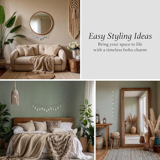 BASE ROOTS Moon Phase Wall Decor, White Gray Wall Art for Bedroom, Bohemian and Astrology, Witchy Aesthetic 34" 7 Phases Metal Moon Wall Banner, Celestial Decoration, Gift for Women & Kids