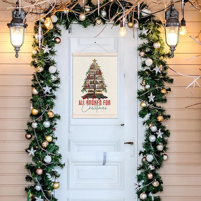 Vintage Christmas Reading Poster Hanger with Wood Frame, All Booked for Christmas Wall Art Decor for Home, Xmas Book Tree Posters for Reading Room Home Library Decor, 12x16 Inch