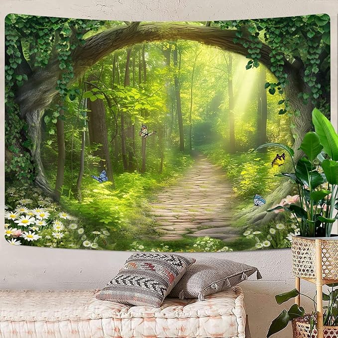 Nature Enchanted Forest Tapestry, Fantasy Green Jungle Woodland Lanscape Tapestry Wall Hanging, Psychedelic Fairy Tree Cave Forest Tapestries for Bedroom Backdrop Office, 80X60