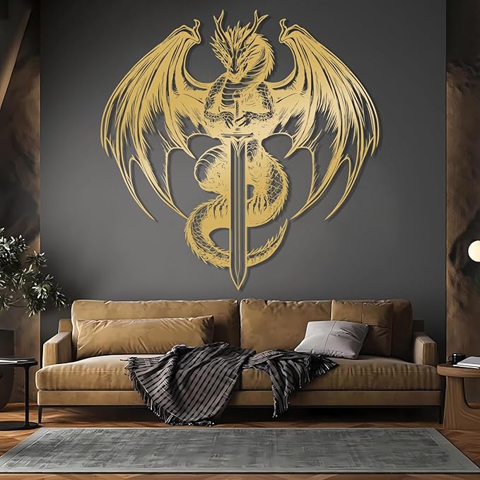 Metal Dragon Wall Decor, Dragon With Sword Metal Wall Art, West Dragon Metal Wall Hanging, Unique Wall Decor, Mythology Wall Art, Modern Room Wall Art, Home Wall Decor (Silver, 24"x24"|60x60cm)