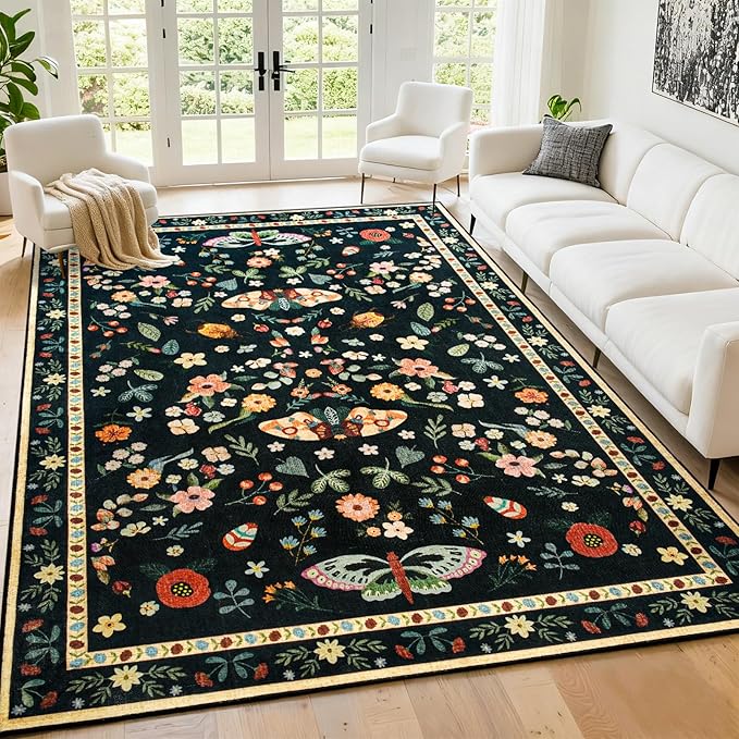 5x7 Area Rug for Living Room, Washable Rugs for Bedroom, Soft Thin Non Slip Indoor Low Pile Carpet for Dining Room, Large Throw Floral Butterfly Carpets for Office Nursery Home Decor, Black
