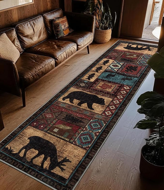 Rustic Cabin Runner Rug 2x8 Indoor Door Mat - Bear Non-Slip Entryway Runner Rug, Low Pile Tribal Print for Kitchen, Bedroom