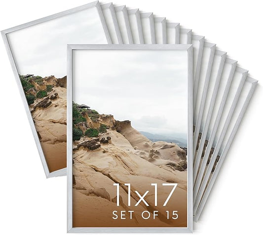 HAUS AND HUES 11x17 Silver Metal Picture Frames - Features Premium Aluminum, Vertical & Horizontal Hang, Shatterproof Plexiglass - Ideal for Home, Room, Office (11x17 in, Silver, Set of 15)