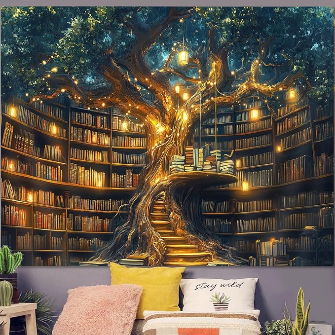 GOAOK Fantasy Library Tapestry For Classroom, Mysterious Tree Magic Bookshelf Aesthetic Tapestries, Witchy Fairytale Tree Vintage Bookshelf Book Art Tapestry Wall Hanging College 40"X30"