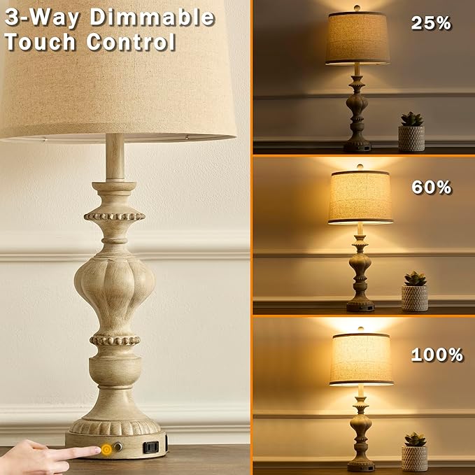 27.5" Farmhouse Table Lamps Set of 2 Bedside Nightstand Lamp with USB C+A Ports & AC Outlet, 3 Way Dimmable Touch Lamps for Bedroom Living Room Office Rustic Lamp (Gray)