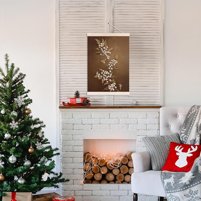 Vintage Christmas Poster Hanger with Wood Frame, Rustic Antique Christmas White Berries Wall Art Decor for Home, Retro Neutral Xmas Holiday Posters for Bedroom Living Room Decor, 12x16 Inch