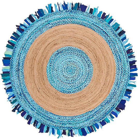 10' Round Handwoven Yellow Jute Chindi Area Rug, Multicolor Bohemian Rustic Throw Rugs for Doormat, Living Room, Enryway Carpet, Hallway, Kitchen, Office Area Home Decor