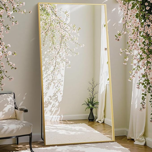 DUMOS Full Length Mirror with Stand 70.4"x25.6" Floor Standing Aluminum Frame for Bedroom Body Hanging Leaning Modern Simple Home Decor Shatter-proorf Nano Glass Wall Living Room Cloakroom Gold