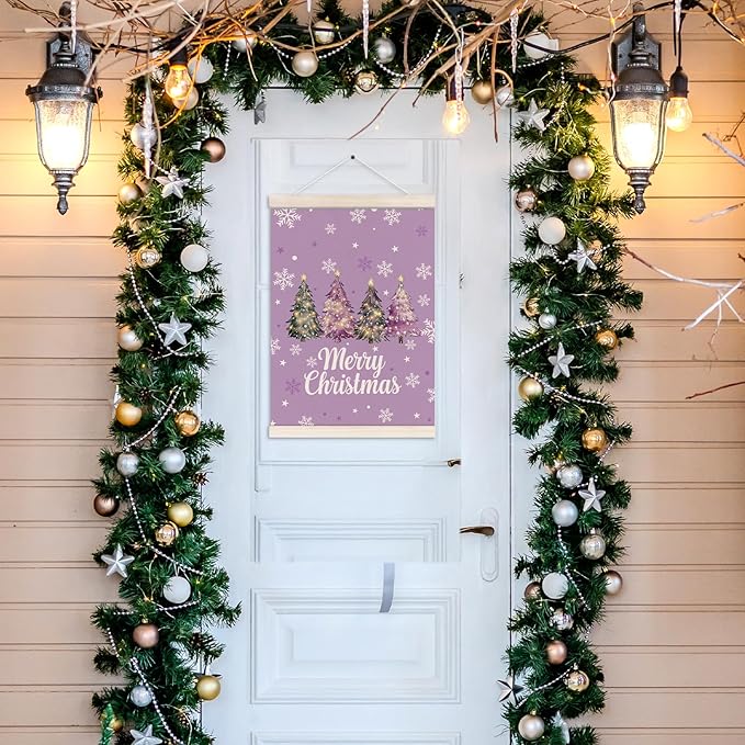 Purple Merry Christmas Tree Poster Hanger with Wood Frame, Winter Christmas Tree Wall Art Decor for Home, Preppy Xmas Winter Holiday Posters for Bedroom Living Room Xmas Party Decor, 12x16 Inch