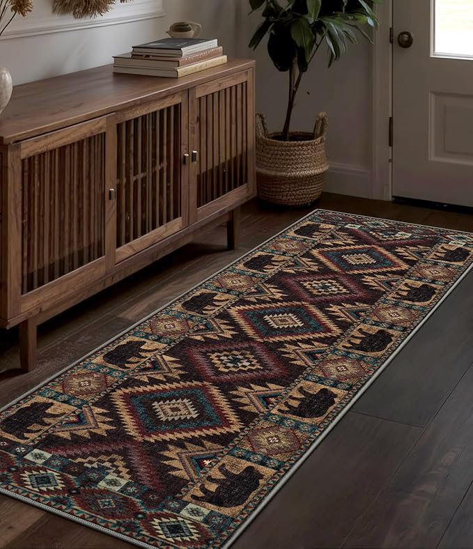 Hallway Runner Rug 2x6 Indoor Door Mat -Western Rug Bear Rustic Cabin Non-Slip Entryway Rug, Low Pile Tribal Print for Kitchen, Bedroom