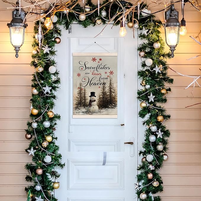 Winter Christmas Snowman Poster Hanger with Wood Frame, Vintage Christmas Wall Art Decor for Home, Rustic Retro Xmas Winter Pine Tree Santa Posters for Bedroom Living Room Decor, 12x16 Inch