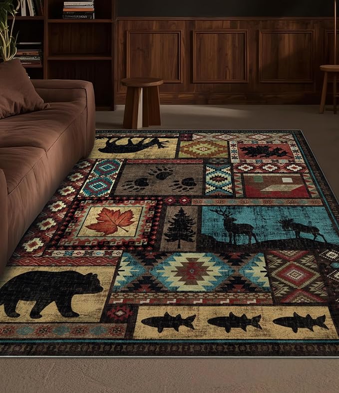 YIHOUSE Rustic Cabin Area Rug 4x6,Machine Washable Lodge Bear Rug,Non-Slip Low Pile Print Pattern Western Rug for Living Room Bedroom