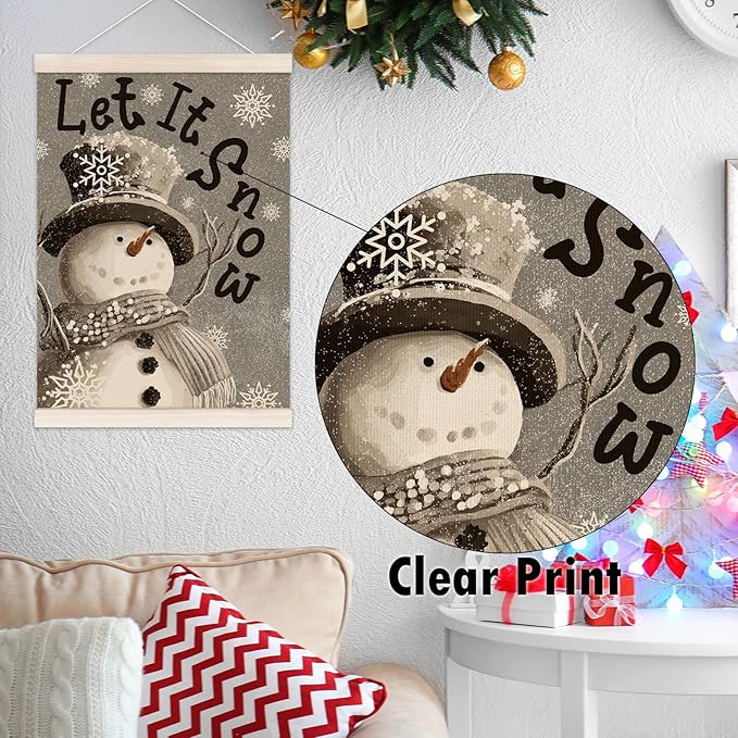 Let It Snow Christmas Snowman Poster Hanger with Wood Frame, Winter Christmas Wall Art Decor for Home, Winter Xmas Snowman Holiday Posters for Bedroom Living Room Decor, 12x16 Inch