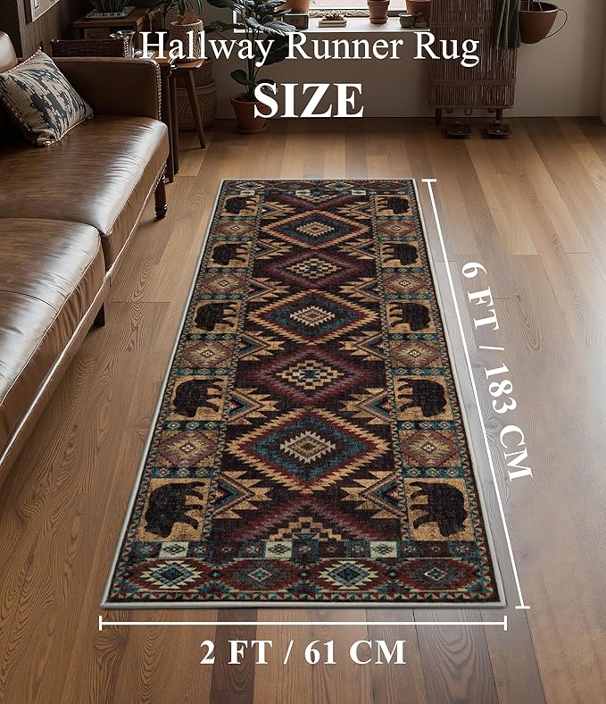 Hallway Runner Rug 2x6 Indoor Door Mat -Western Rug Bear Rustic Cabin Non-Slip Entryway Rug, Low Pile Tribal Print for Kitchen, Bedroom