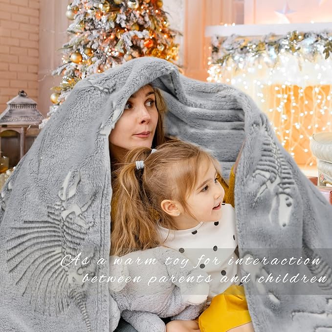Glow in The Dark Blanket Dinosaur Blanket for Boys Kids Soft Cute Dino Blankets Christmas Toys Gifts Gray Glowing Dinosaur Blankets for Bed 90x108 inch