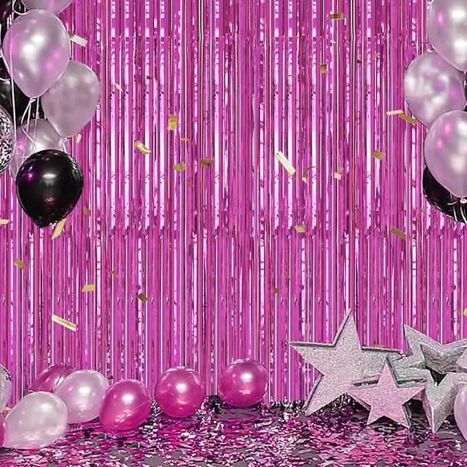 3 Pack Foil Fringe Backdrop - Hot Pink Shiny Tinsel Curtains for Party Decoration/Photo Booth Props - 3.3x8.2 FT Metallic Foil Backdrop for Birthday, Wedding, Graduation, Christmas.