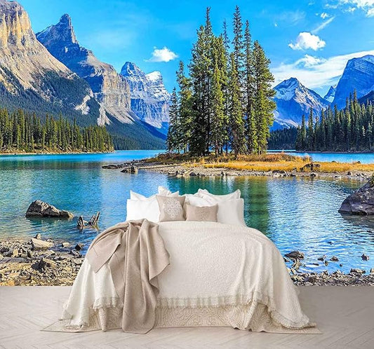 Mountain with Lake Photo Wallpaper Landscape Wall Mural for TV Background Wall Bedroom Living Room Sofa Wall (not self-Adhesive)
