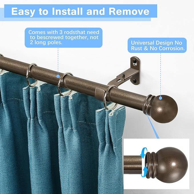 Curtain Rods for Windows 16 to 48 Inches, Curtain Rod Max Adjustable Length of 60 IN, 6/8" Diameter Drapery Rods Round Finials, Brown, Pack of 2