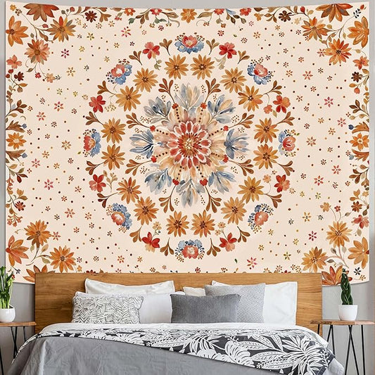 Fowocu Boho Floral Mandala Tapestry Wall Hanging Watercolor Bohemian Flower Medallion Tapestry Aesthetic Beige Orange Hippie Indian Large Tapestries for Bedroom Living Room Dorm Decor 80 x 60 Inch