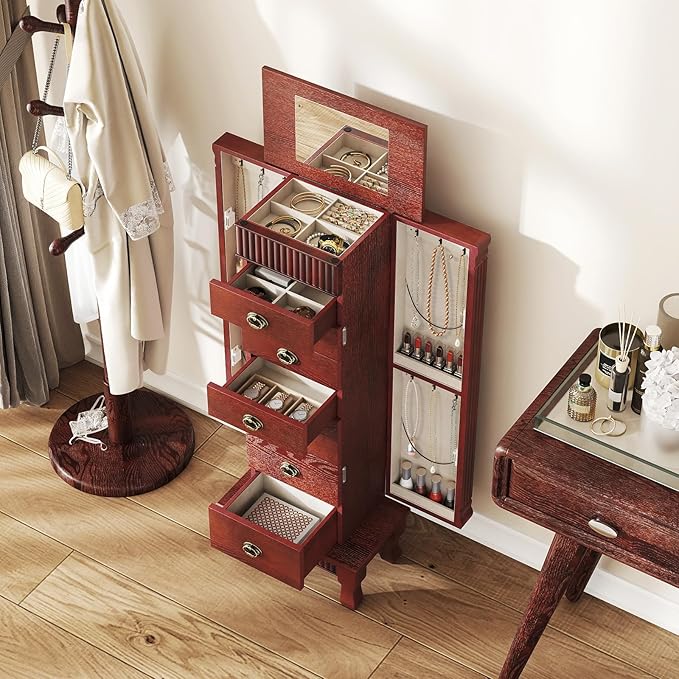 Giantex Standing Jewelry Cabinet with 7 Drawers, Flip-Top Mirror, 2 Side Doors with 12 Necklace Hooks, Divided Ring Compartments, Velvet-Lined Jewelry Armoire Organizer Chest (Cherry)