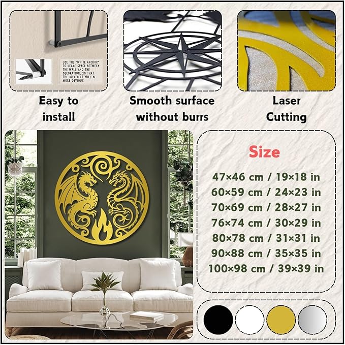 Dragon Of Metal Wall Sculpture,Yin Yang Decor Abstract Wall Art,Man Cave Decorative,Wall Hangings For Bathroom Living Room Garden Outdoor Farmhouse(Black,76x74cm/30x29in)