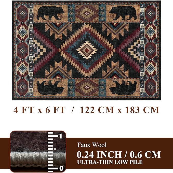 YIHOUSE Rustic Cabin Area Rug 4x6,Machine Washable Lodge Bear Rug,Non-Slip Low Pile Print Pattern Western Aztec Rug for Living Room Bedroom