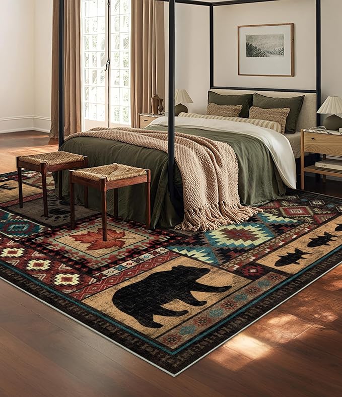 YIHOUSE Rustic Cabin Area Rug 8x10,Machine Washable Lodge Bear Rug,Non-Slip Low Pile Print Pattern Southwestern Rug for Living Room Bedroom