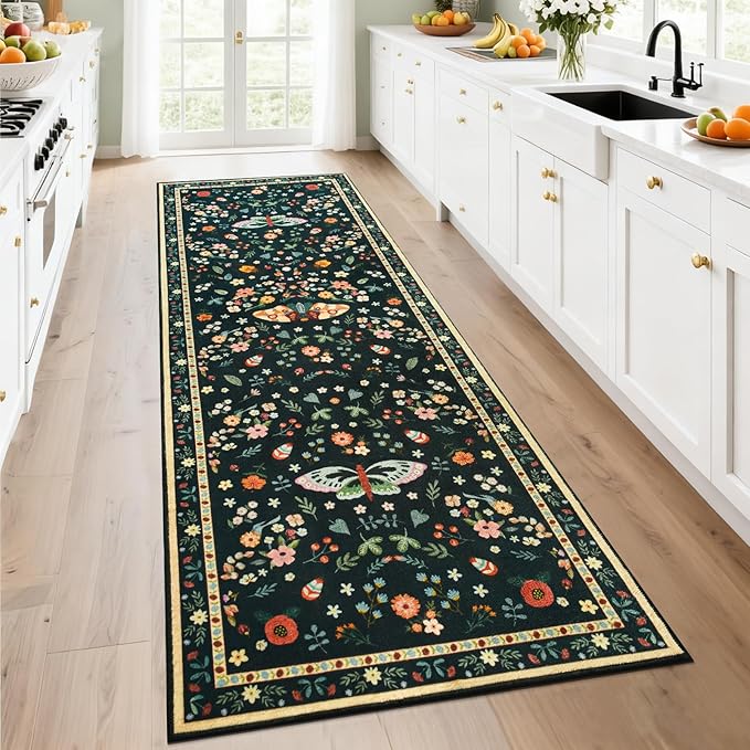 2x6 Runner Rug, Washable Hallway Area Rugs for Bedroom Living Room, Soft Throw Bedside Butterfly Rug for Kitchen, Non Slip Indoor Thin Long Carpet for Entryway Laundry Dorm, Black