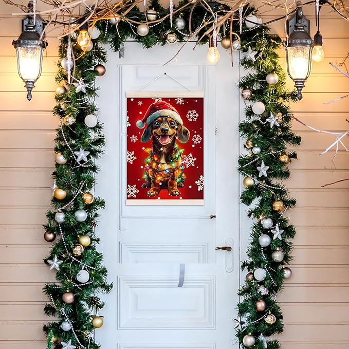 Funny Christmas Dachshund Poster Hanger with Wood Frame, Christmas Weiner Dog Wall Art Decor for Home, Dachshund Gifts for Women Men, Xmas Dog Posters for Bedroom Living Room Decor, 12x16 Inch