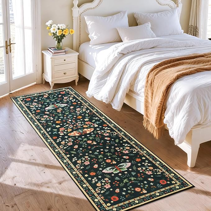2x6 Runner Rug, Washable Hallway Area Rugs for Bedroom Living Room, Soft Throw Bedside Butterfly Rug for Kitchen, Non Slip Indoor Thin Long Carpet for Entryway Laundry Dorm, Black