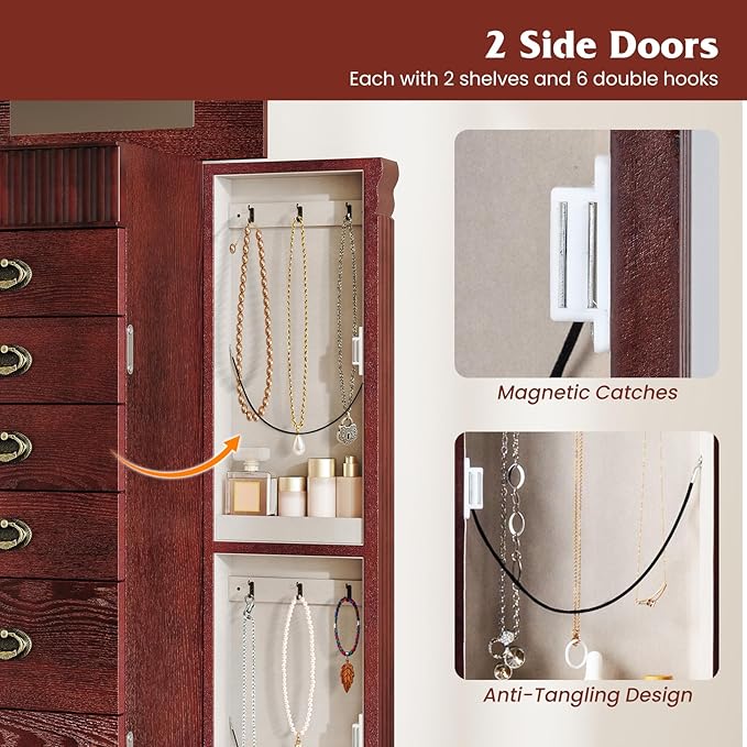 Giantex Standing Jewelry Cabinet with 7 Drawers, Flip-Top Mirror, 2 Side Doors with 12 Necklace Hooks, Divided Ring Compartments, Velvet-Lined Jewelry Armoire Organizer Chest (Cherry)