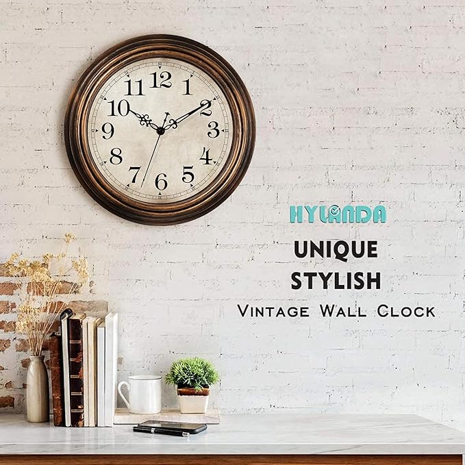 HYLANDA Wall Clock - 12 Inch Vintage Battery Operated - Retro Silent Non Ticking - Decorative Living Room Home Kitchen School Office