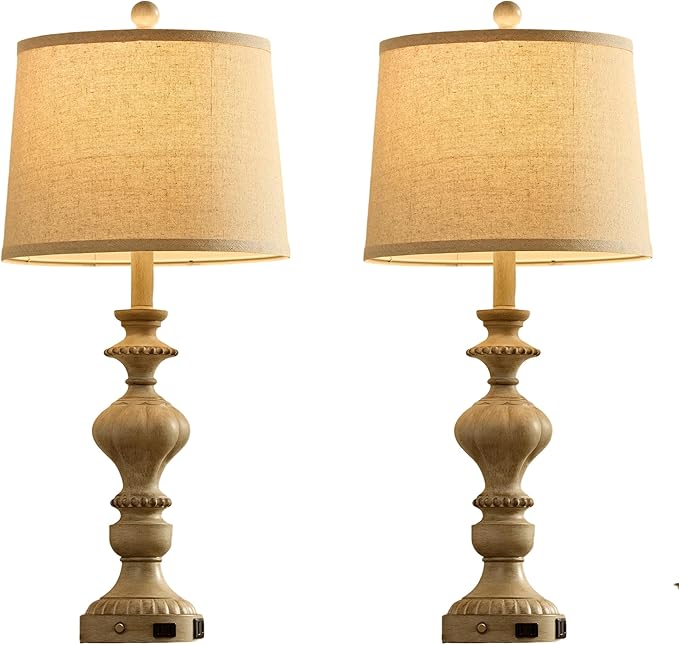 27.5" Farmhouse Table Lamps Set of 2 Bedside Nightstand Lamp with USB C+A Ports & AC Outlet, 3 Way Dimmable Touch Lamps for Bedroom Living Room Office Rustic Lamp (Gray)