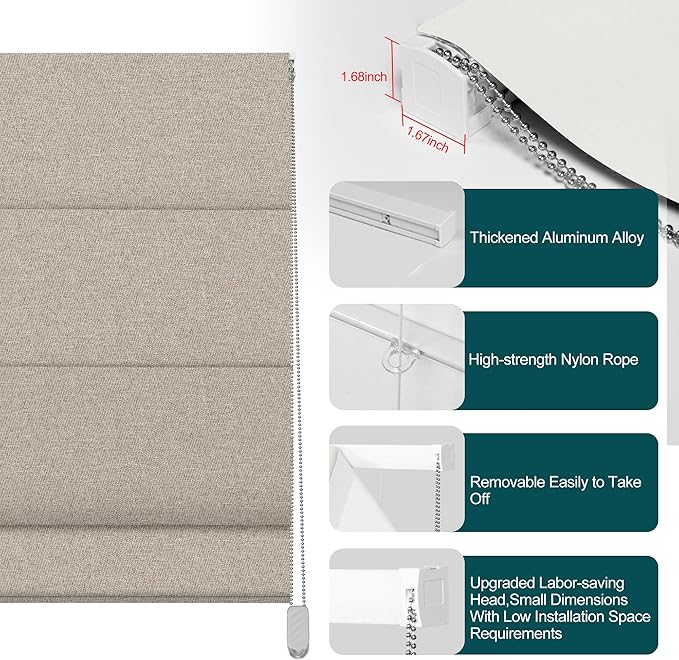 BERISSA Blackout Roman Shades for Windows,Linen Roman Blinds,Room Darkening Thermal Insulated Pull DownWindow Shades for Home Living Room Bedroom,Sand Brown,31" W x 48" H