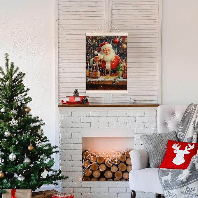 Funny Christmas Santa Bar Poster Hanger with Wood Frame, Winter Christmas Wall Art Decor for Home Bar Cart, Winter Holiday Xmas Santa Posters for Kitchen Dining Room Xmas Party Decor, 12x16 Inch